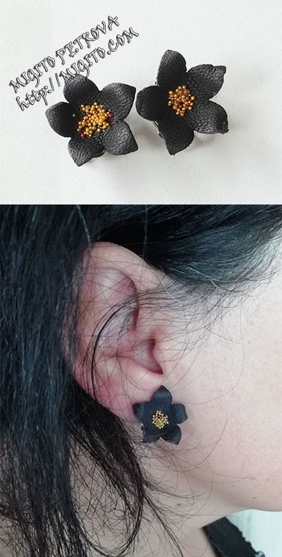 Ръчно изработени обеци от естествена кожа лилаво цвете