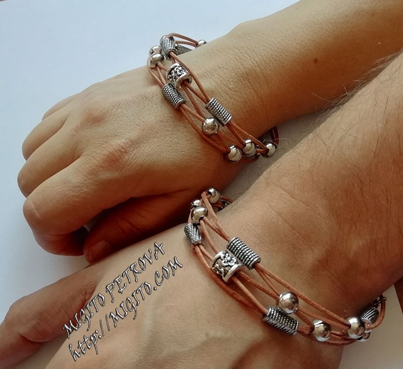 Ръчно изработени кожени гривни с метални елементи за двойка