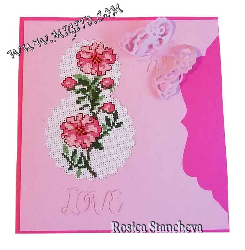 Handmade embroidered card with pink flowers
