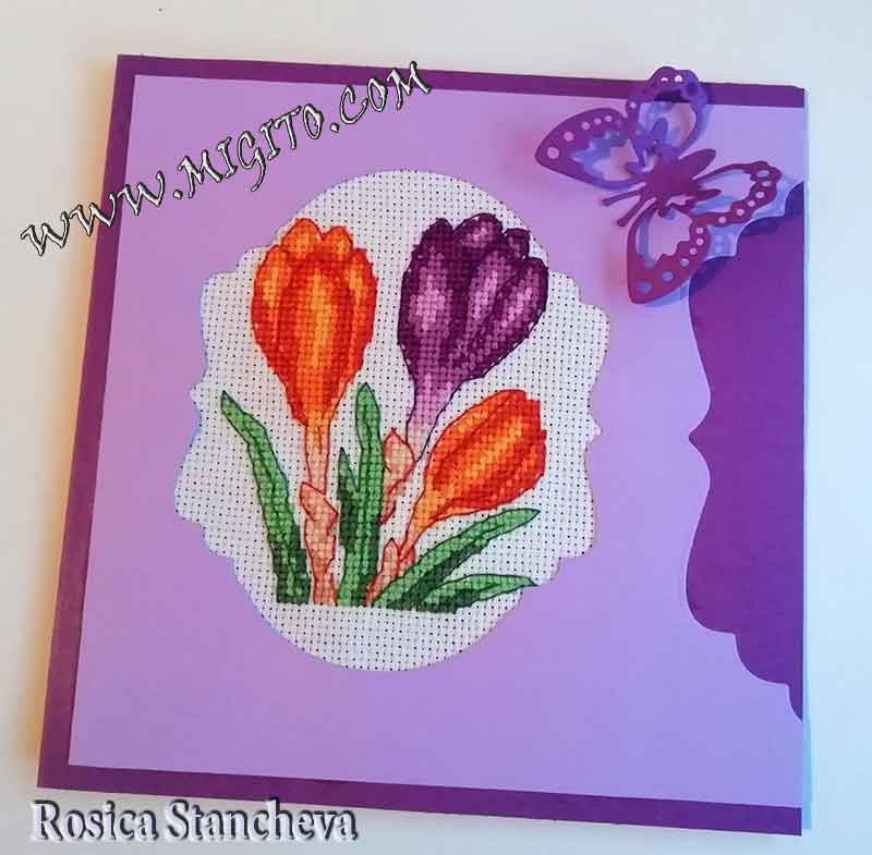 Handmade card with embroidered crocuses