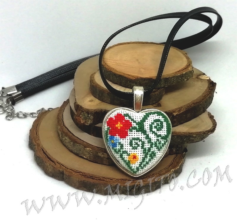 Heart necklace with hand embroidery, handmade